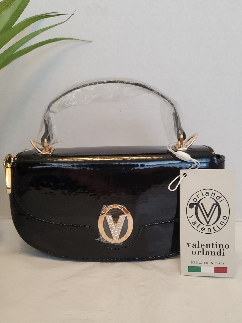 Valentino Orlandi Black Patent Mini Top-Handle Bag with Gold Logo